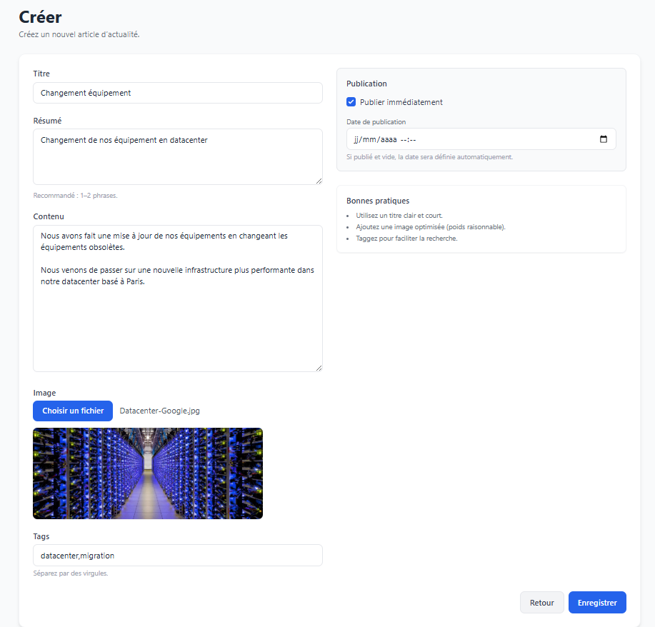 Formulaire de création d’une actualité
